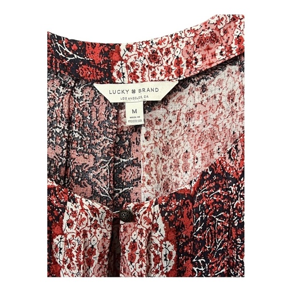 Lucky Brand Long Sleeve Printed Blouse Medium Brick Red Tie Cuff Lightweight Top - Picture 3 of 7